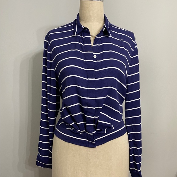 CLUB MONACO NAUTICAL BLUE STRIPE BLOUSE WITH TIE WAIST - Picture 5 of 7